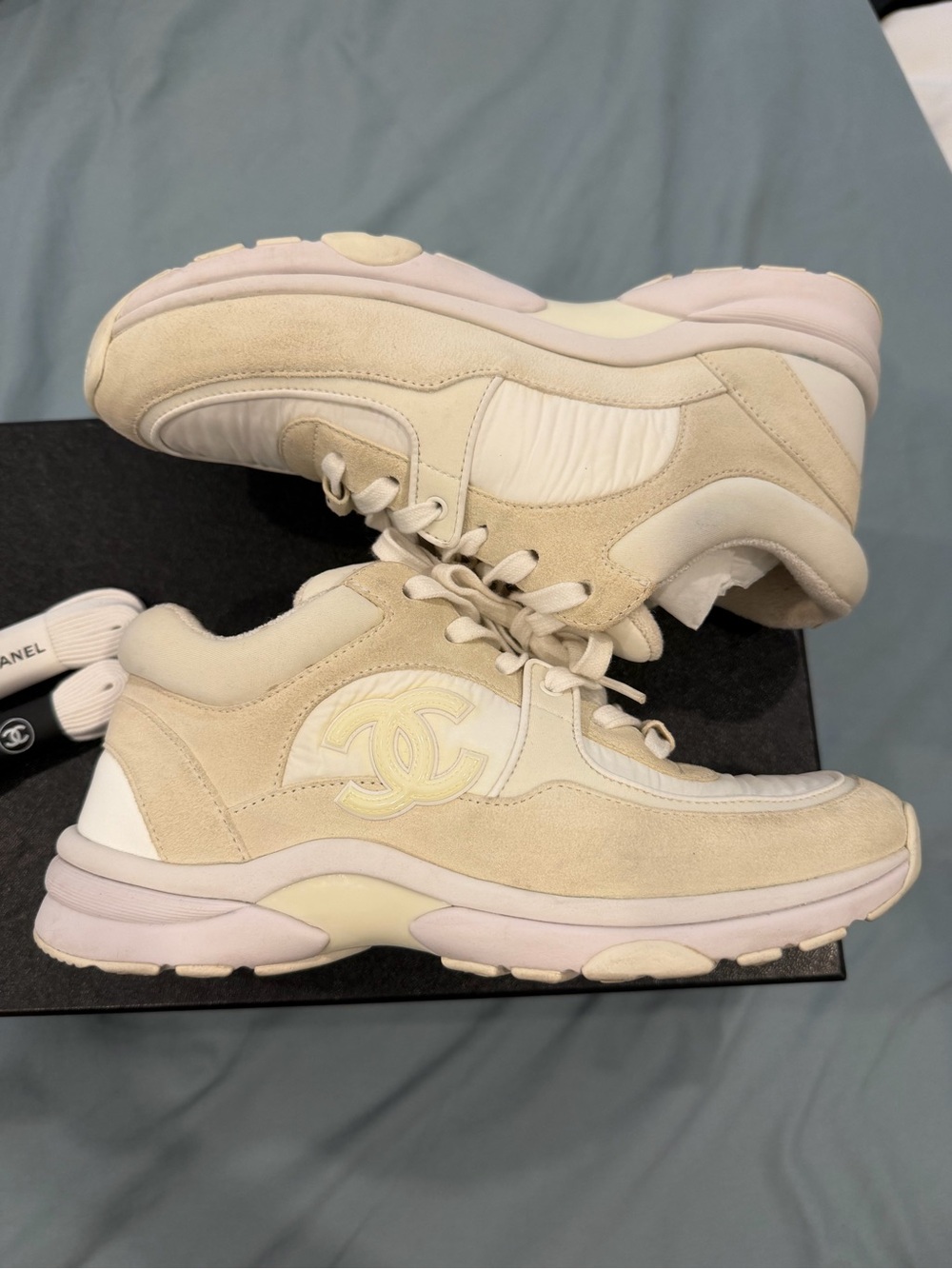 CHANEL White and Cream Women's Lace-Up Sneakers - Picture 2 of 6